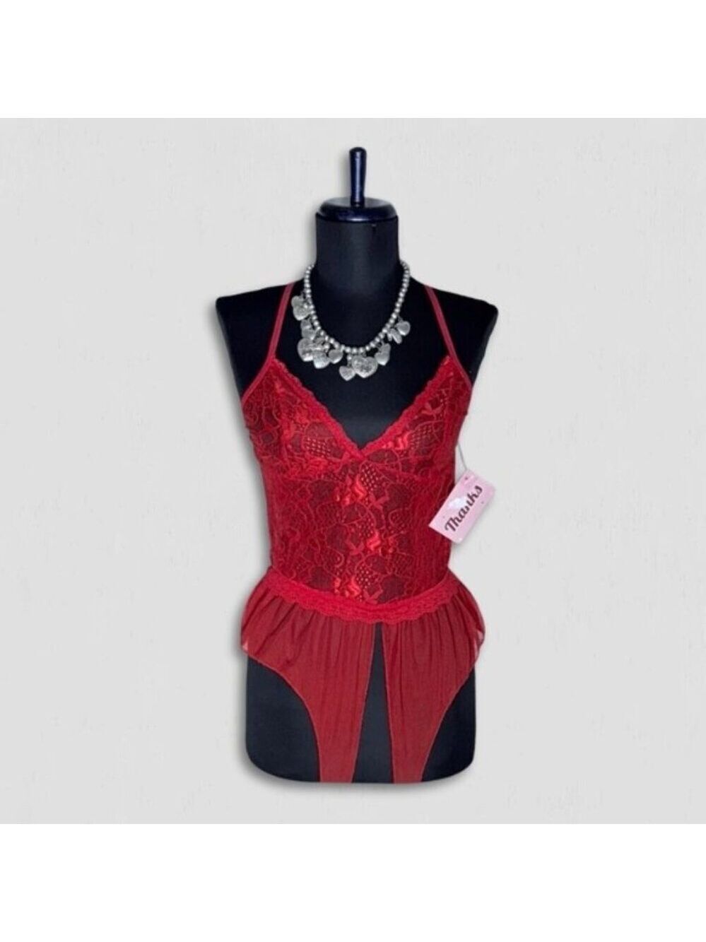 Lace Floral Babydoll Bodysuit Sheer Mesh Red Small